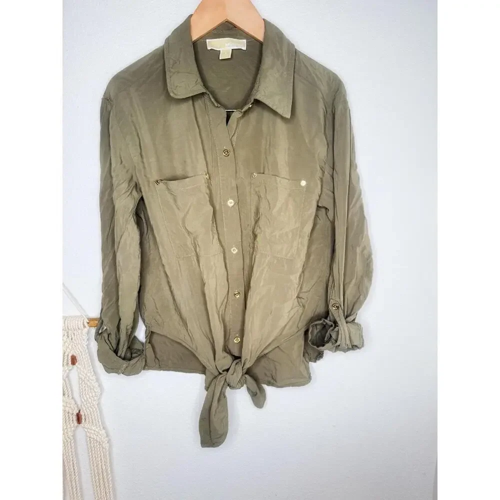 Michael By Michael Kors Shirt Womens Sz S Olive Green Buttoned Tie Front Utility